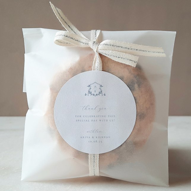 Timeless Vines Dusty Blue Crest Wedding Monogram Classic Round Sticker (Creator Uploaded)