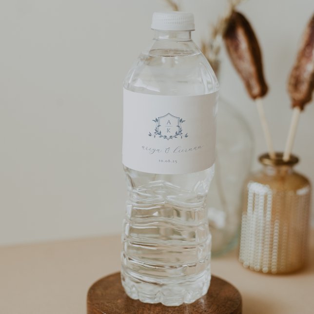 Timeless Vines Dusty Blue Crest Wedding Monogram Water Bottle Label (Creator Uploaded)