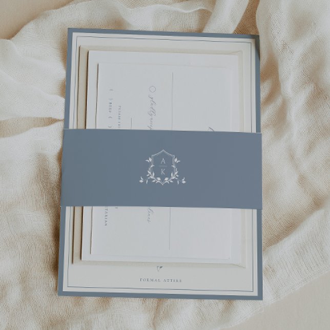 Timeless Vines Monogram Crest Dusty Blue Invitation Belly Band (Creator Uploaded)