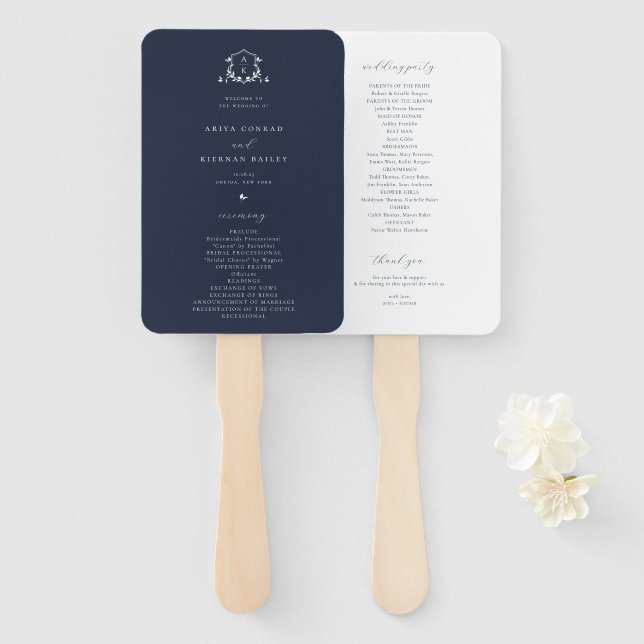 Timeless Vines Monogram Crest Navy Blue Program Hand Fan (Front and Back)