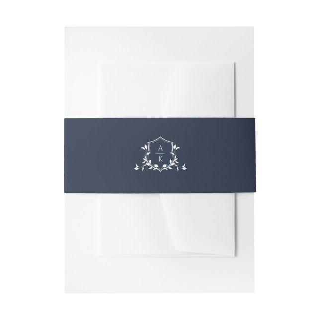 Timeless Vines Monogram Crest Navy Invitation Belly Band (Front Example)