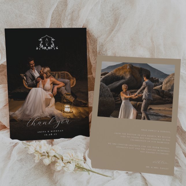Timeless Vines Monogram Crest Wedding Photo Thank You Card (Creator Uploaded)
