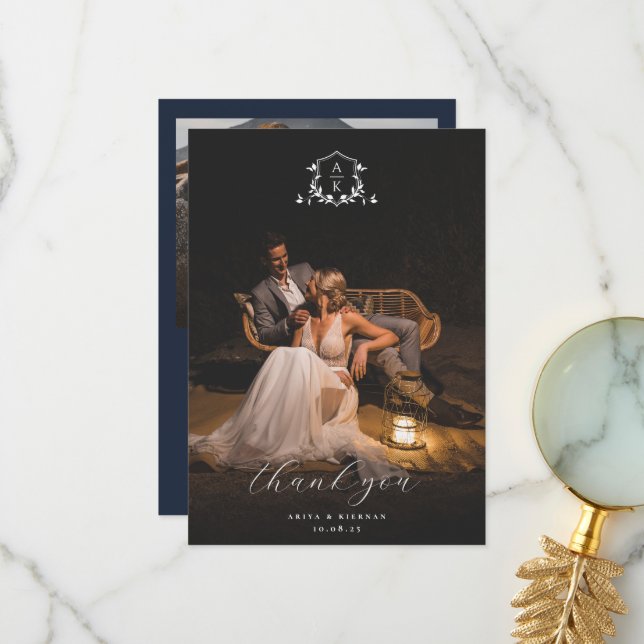 Timeless Vines Monogram Crest Wedding Photo Thank You Card (Front/Back In Situ)