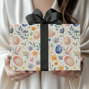 Timeless Watercolor Pastel Bunny Flowers Eggs Wrapping Paper