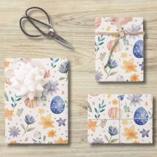 Timeless Watercolor Pastel Bunny Flowers Eggs Wrapping Paper Sheet