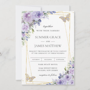 Timeless Wedding Purple Lilac Floral Butterflies Invitation