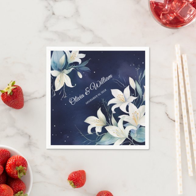 Timeless White Lilies on a Rich Navy Background Napkin (Insitu)