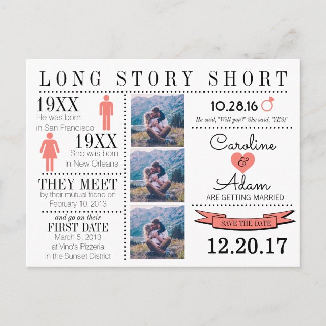 Timeline in Coral Save the Date Post Card (Front)