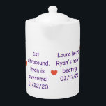 Timeline-Pregnancy:  Teapot<br><div class="desc">Make your wife feel special by giving her this awesome timeline teapot.  This gift revisits special moments during her pregnancy.  The purple letters and orange hearts symbolise the colours of crayons,  something children typically use.  Customisable.  Original work; (c) Sharon Lee Hudson.  All rights reserved.</div>