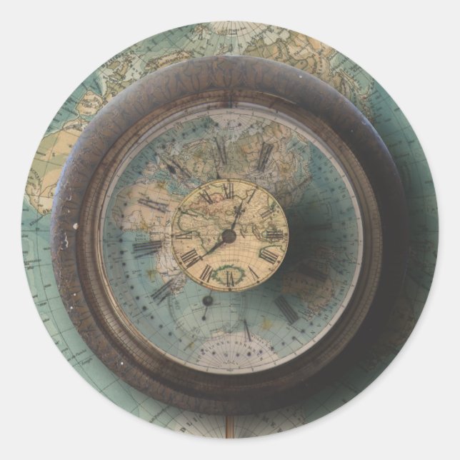 Timepiece World Map Steampunk Clocks Classic Round Sticker (Front)