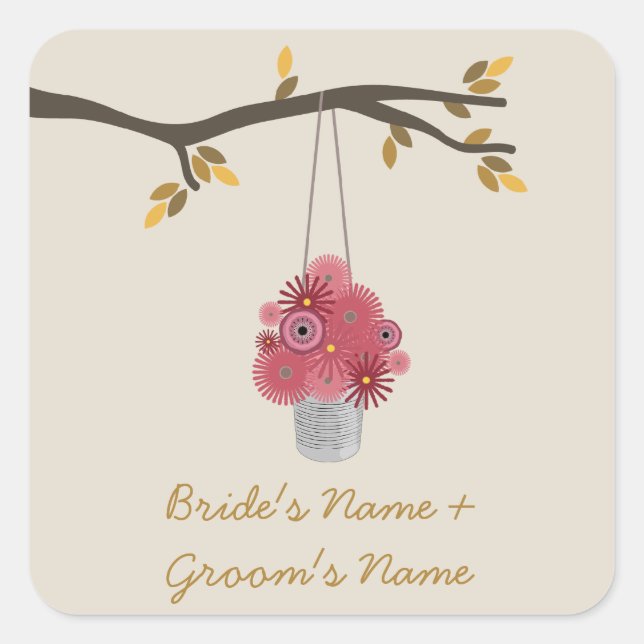 Tin Can Of Red Flowers Fall Wedding Square Sticker (Front)