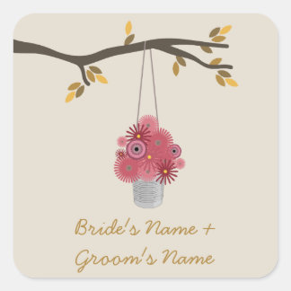 Tin Can Of Red Flowers Fall Wedding Square Sticker