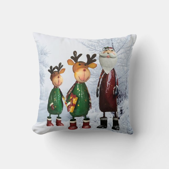 Tin Santa and Cute Tin Reindeers with Gifts Cushion (Front)