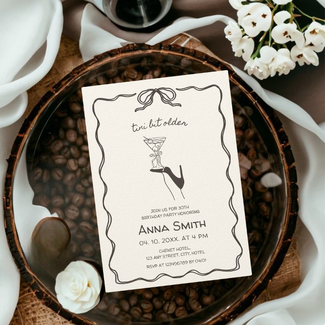 Tini Bit Older Cocktail Hand Drawn Brown Birthday Invitation (tini bit older birthday invitation)