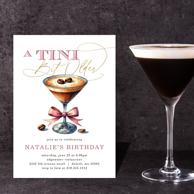 Tini Bit Older Espresso Martini Pink Bow Birthday Invitation (Tini Bit Older Espresso Martini Pink Bow Birthday Invitation)