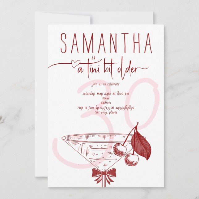 Tini Bit Older Modern Bow Cherry Martini Birthday Invitation (Front)