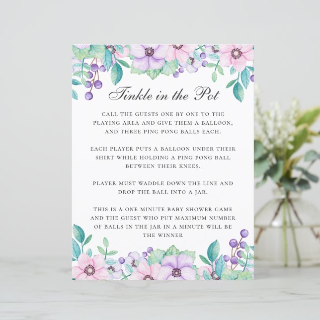 Tinkle in the pot. Purple floral baby shower game (Standing Front)