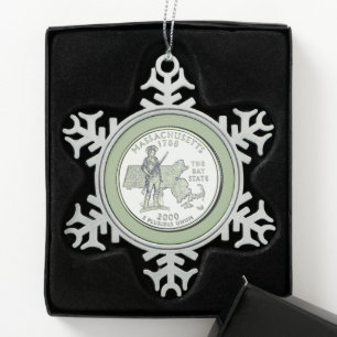 Tinted Massachusetts State Quarter Snowflake Pewter Christmas Ornament