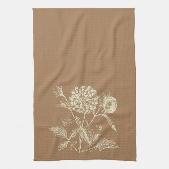 Tinted Vintage Zinnia Illustration Brown  Tea Towel (Vertical)