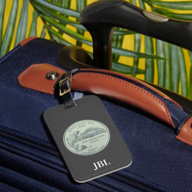 Tinted Washington State Quarter Design Monogram Luggage Tag (Front Insitu 1)