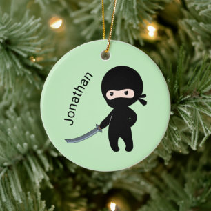 Tiny Angry Ninja, Custom Name on Green Ceramic Ornament
