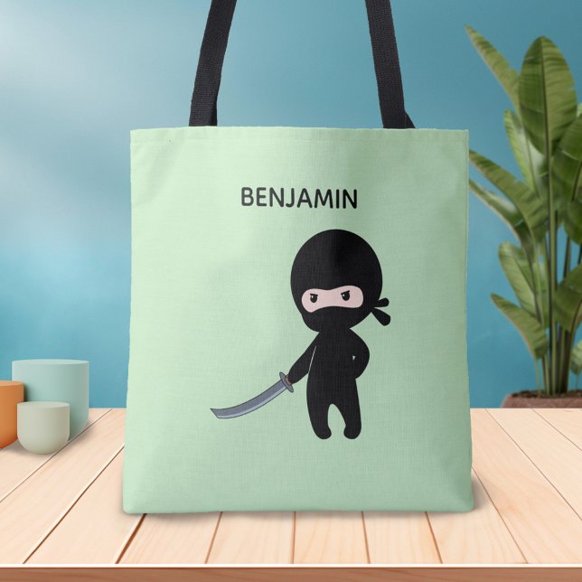 Tiny Angry Ninja Custom Name on Green Tote Bag (Creator Uploaded)