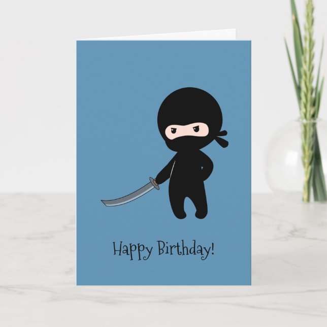 Tiny Angry Ninja on Blue Birthday Card (Front)