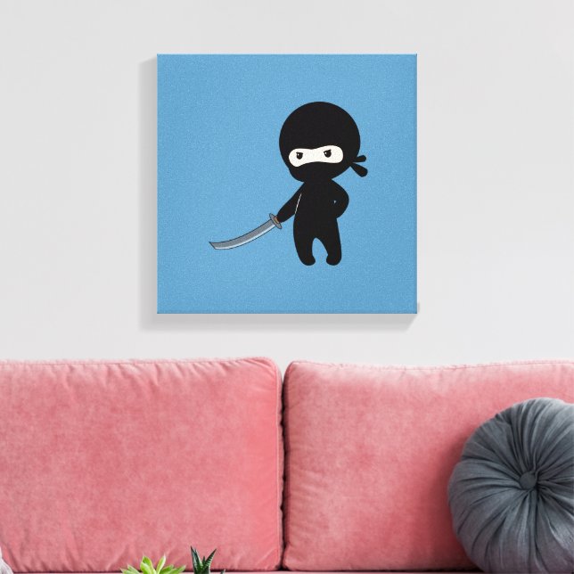 Tiny Angry Ninja on Blue Canvas Print (Insitu(LivingRoom))