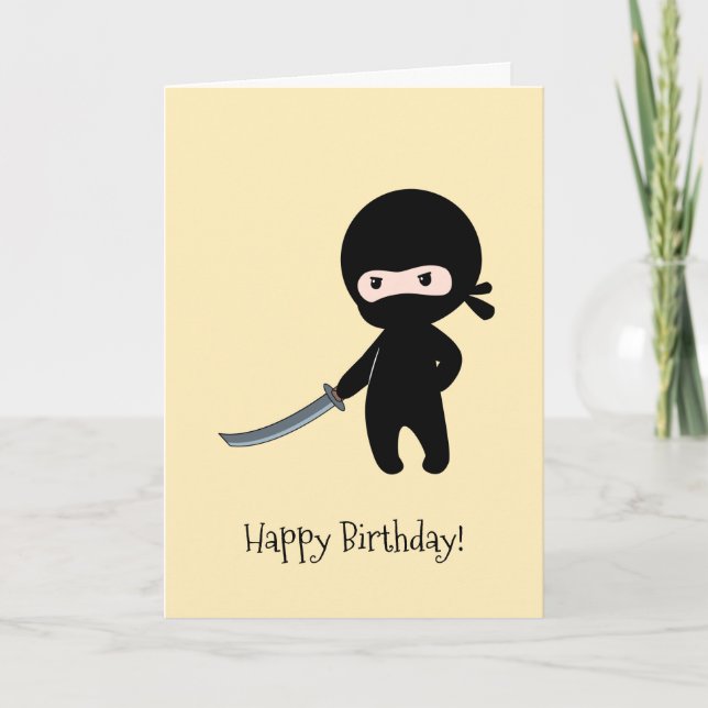 Tiny Angry Ninja on Yellow Birthday Card (Front)