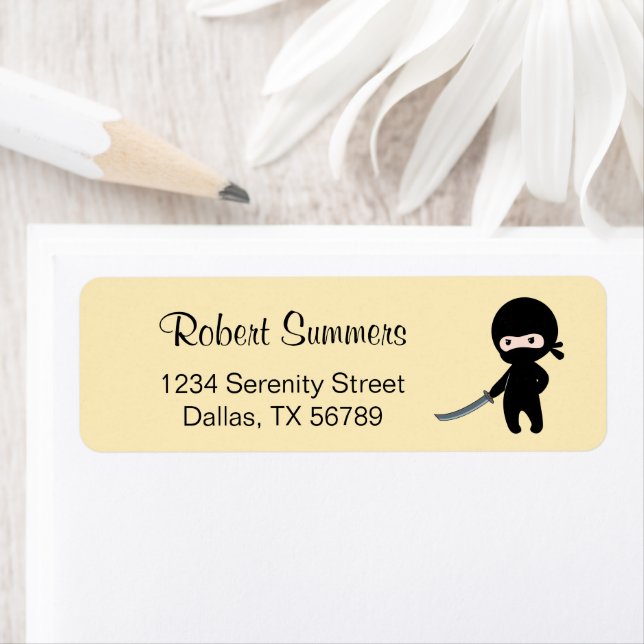 Tiny Angry Ninja on Yellow Return Address Label (Insitu)