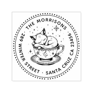 Tiny Baby Fox Asleep in Tea Cup Return Address Self-inking Stamp