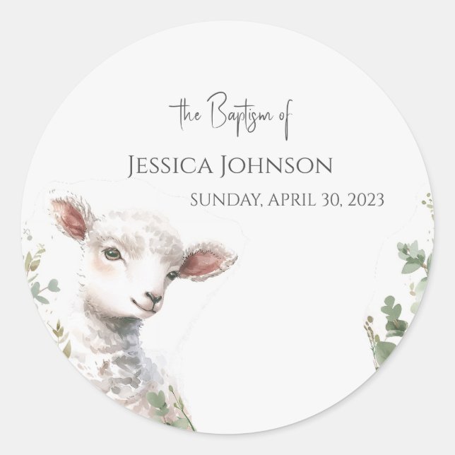 Tiny Baby Lamb and Eucalyptus baptism  Classic Round Sticker (Front)
