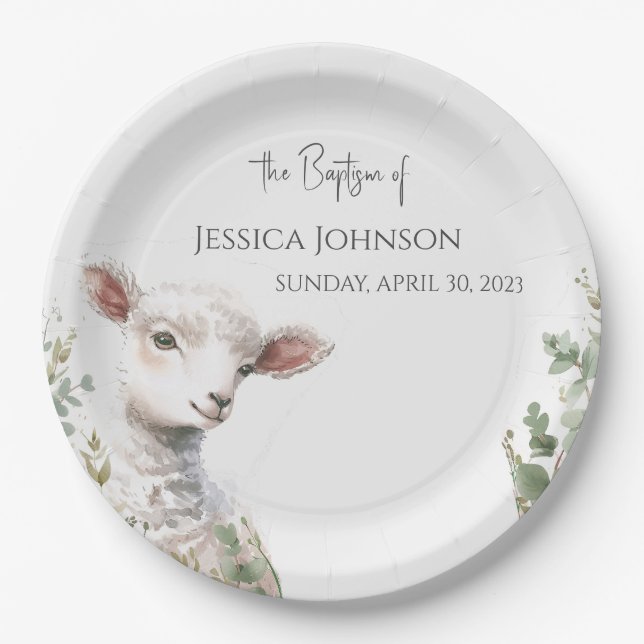 Tiny Baby Lamb and Eucalyptus baptism  Paper Plate (Front)