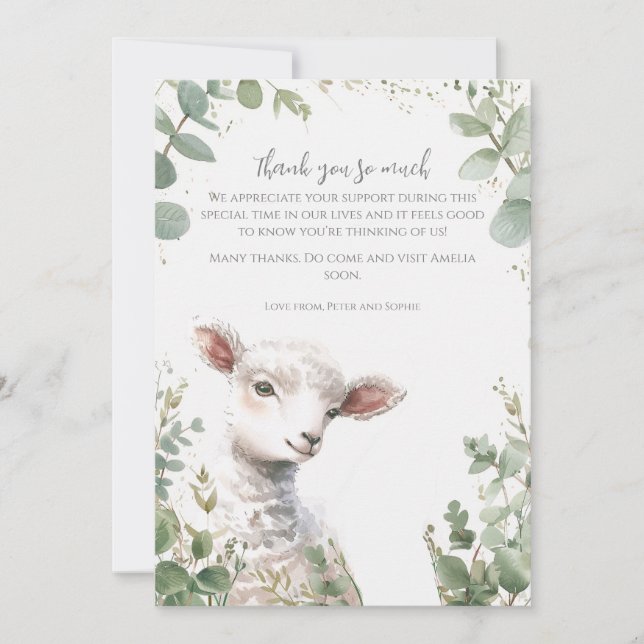 Tiny Baby Lamb and Eucalyptus baptism Thank You Card (Front)