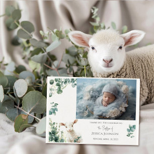 Tiny Baby Lamb and Eucalyptus baptism Thank You Card
