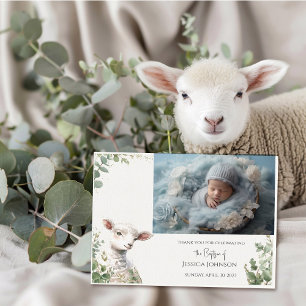 Tiny Baby Lamb and Eucalyptus baptism Thank You Card