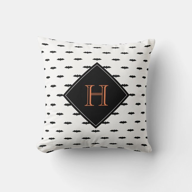 Tiny Bats Seamless Pattern | Black Orange Monogram Cushion (Front)