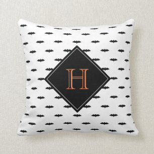 Tiny Bats Seamless Pattern Black Orange Monogram Cushion
