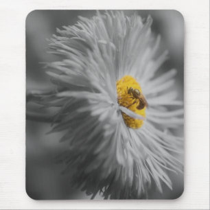 Tiny Bee On Flower Close Up Black White Mousepad