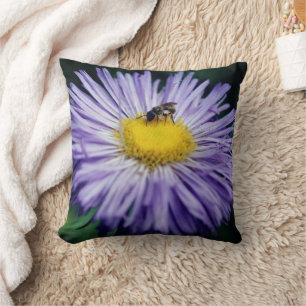 Tiny Bee On Purple Aster Flower Cushion