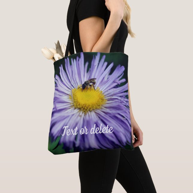 Tiny Bee On Purple Aster Flower Personalised Tote Bag (Close Up)