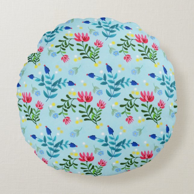 Tiny Bloom Blue Flowers Spring Garden Round Cushion (Front)