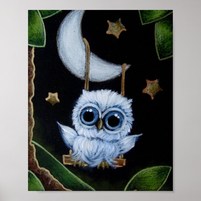 TINY BLUE OWL SWINGING FROM THE MOON POSTER (Front)