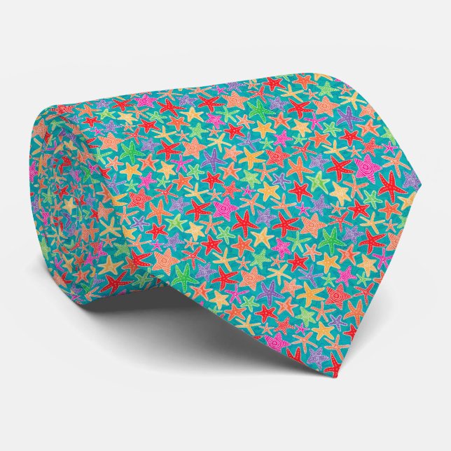 Tiny Blue Pink Green Starfish Pattern Novelty Tie (Rolled)