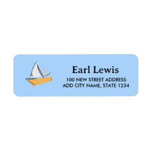 Tiny boat on blue return address label