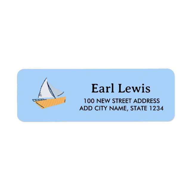 Tiny boat on blue return address label (Front)