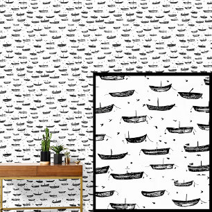 Tiny Boats Dinghies on White, Nautical Row Boats Wallpaper