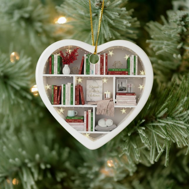 Tiny Book Shelves Christmas Red & Green 2Dprint Ceramic Ornament (Tree)