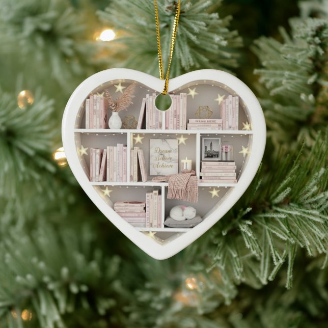Tiny Book Shelves Pink Bookshelf 2Dprint Books Ceramic Ornament (Tree)