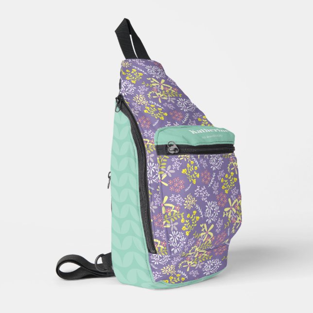 Tiny Bouquet Flowers Lavender Teal Sling Bag (Left Corner)